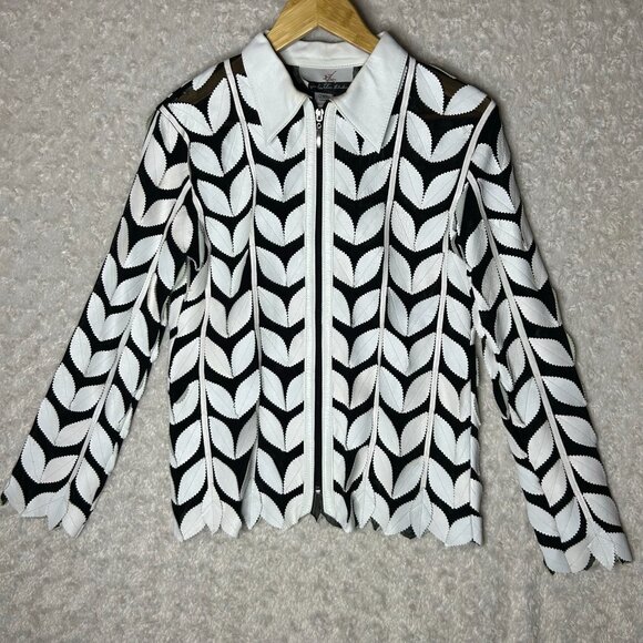 La Jolla Light Jacket‎ Leaf Pattern Zip Up Collared Black White S - Picture 2 of 8